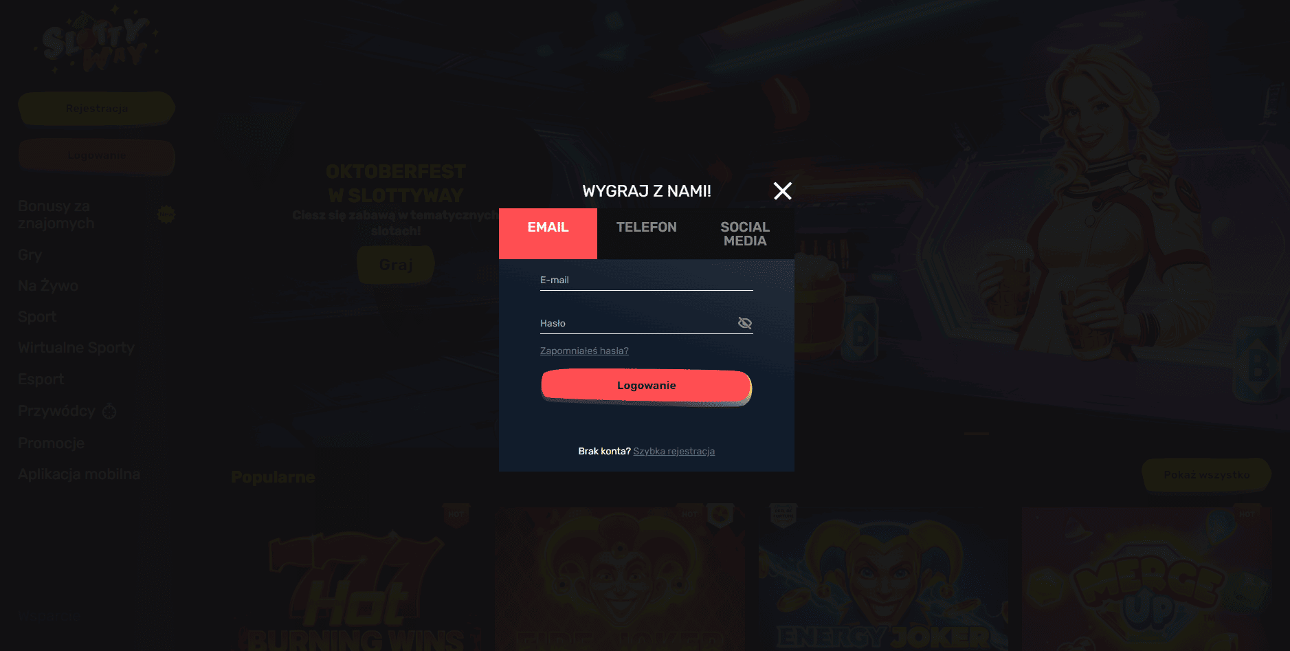Zrzut ekranu logowania do Slottyway