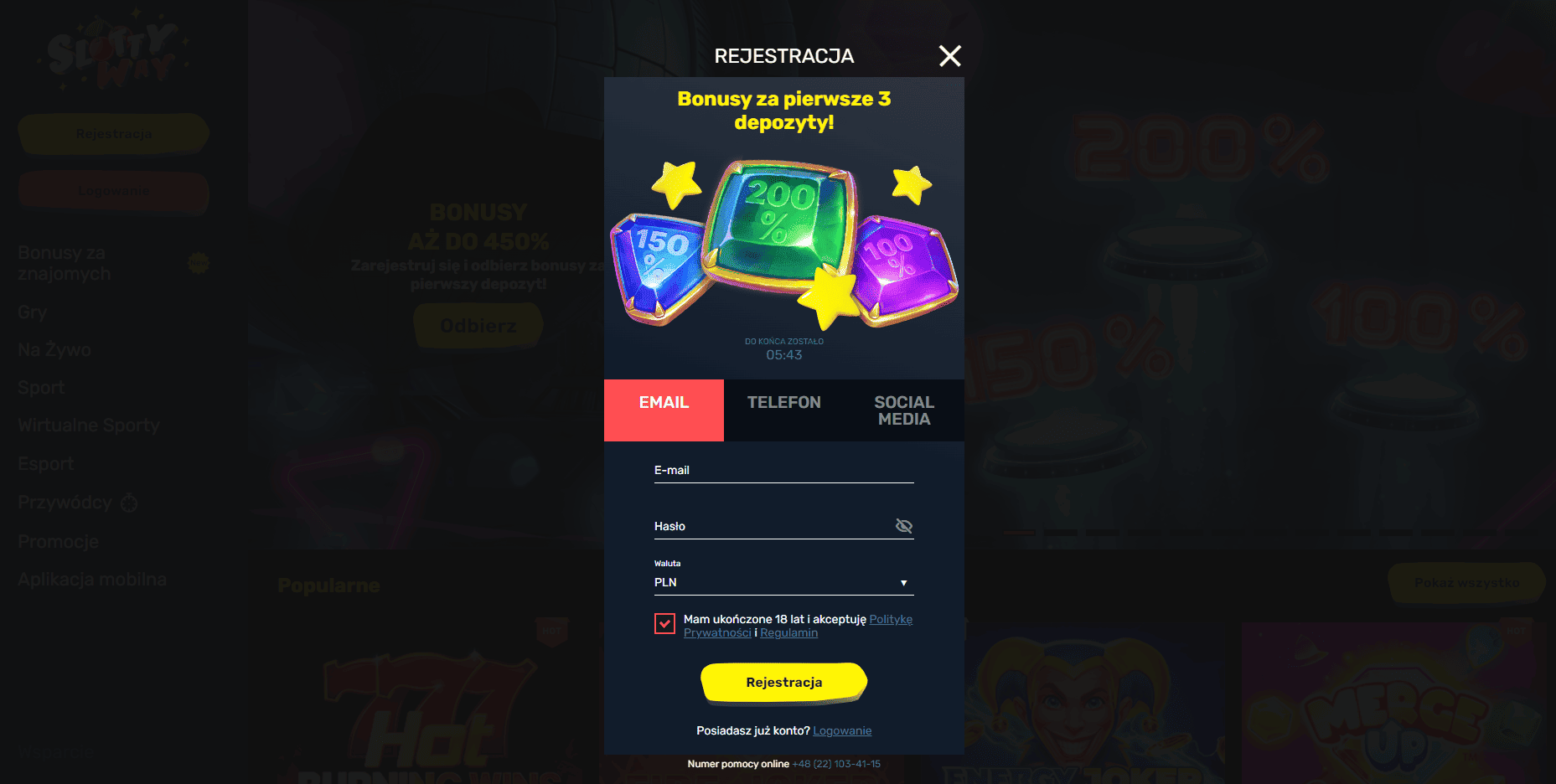 Interfejs rejestracji i logowania Slottyway z zaznaczonymi polami formularza